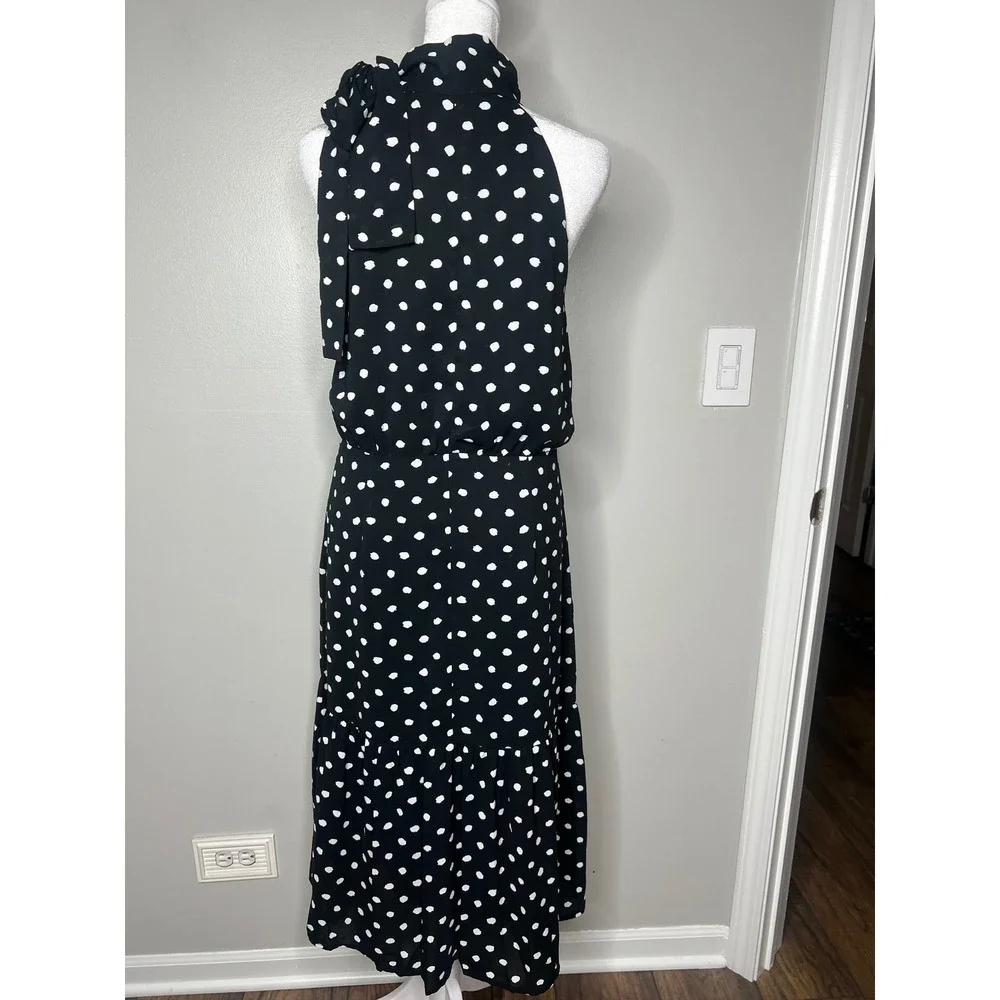Women's Black White Polka Dot Halter Midi Dress Bow Neck Tiered Ruffle M